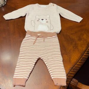 Rene Rofe Beige Bear Sweater and Striped Pants Set